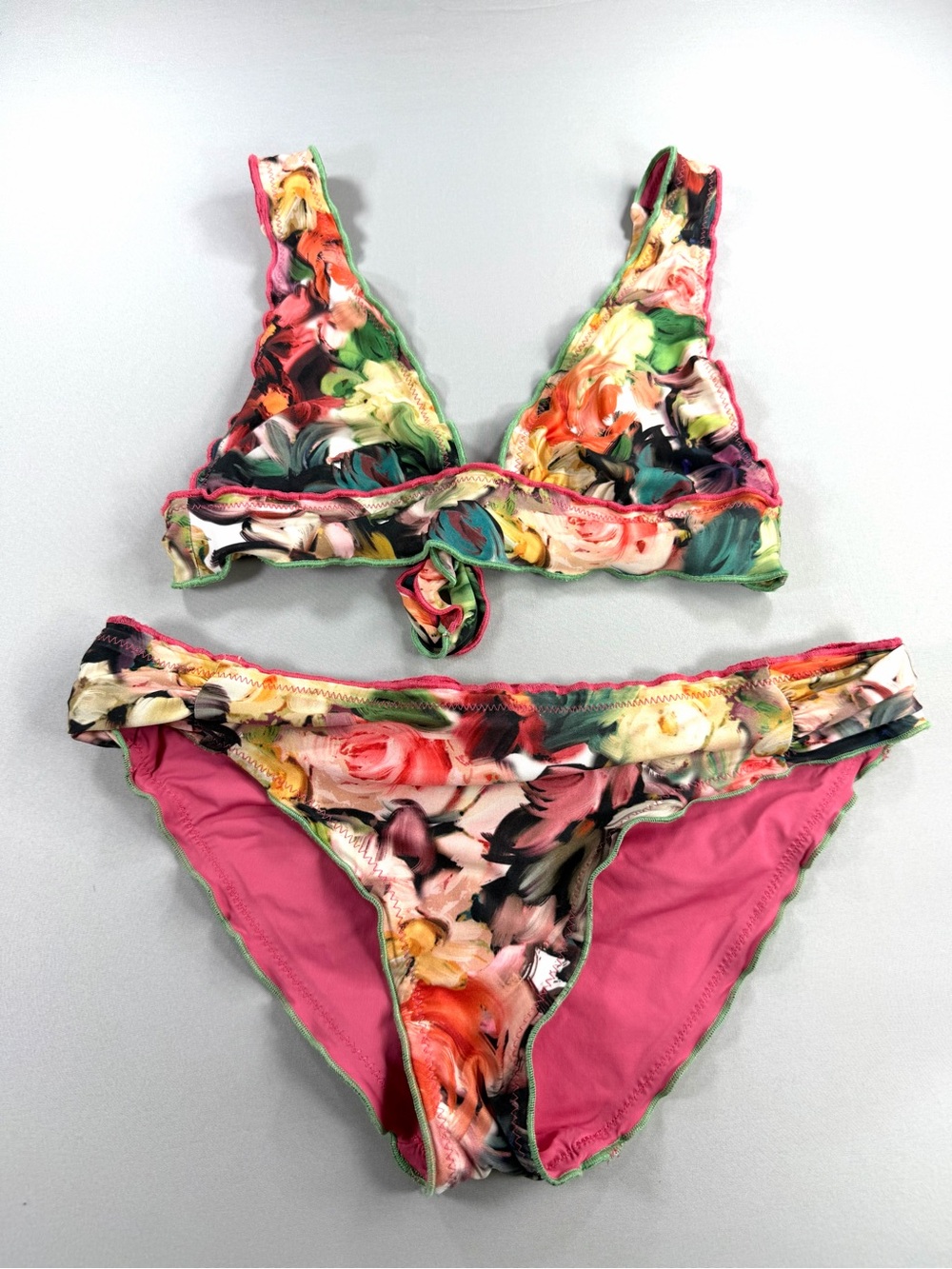 BECCA by Rebecca Virtue Floral Ruffle Triangle Bikini Set Pink Multicolor